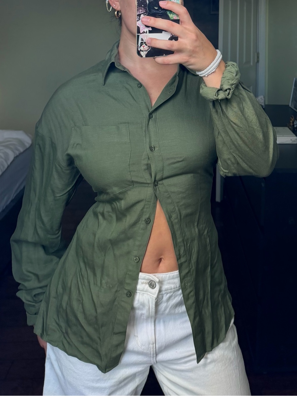 Lioness Olive Green Button-Down, Open Back Women's Shirt - Collared Top
